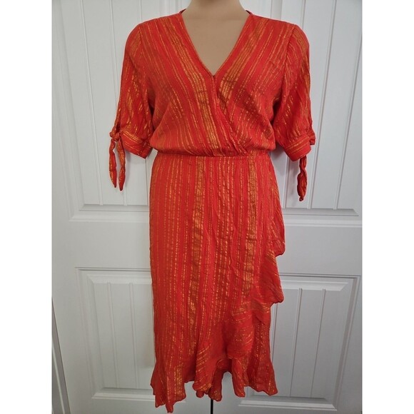 MICHAEL Michael Kors Dresses & Skirts - Michael Kors Women's Orange Gold Metallic Stripe V-Neck Faux Wrap Dress Size XL